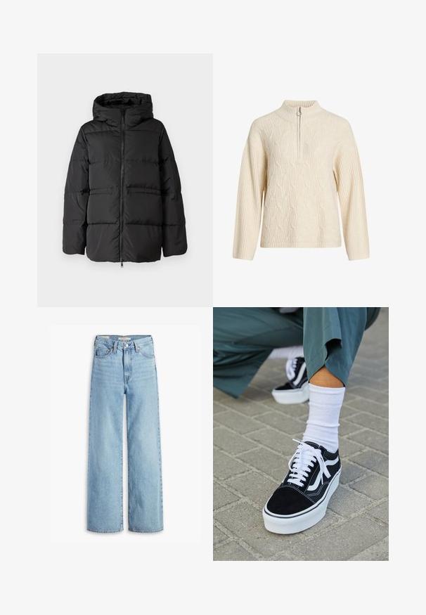 Zwarte pufferjack met een capuchon, rits aan de voorkant en horizontale stiksels voor isolatie. Gladde textuur met een boxy vorm.; Crème-kleurige gebreide pullover met een hoge kraag en een halve rits; heeft een gestructureerd kabelpatroon en geribde mouwen en onderkant.; Lichtblauwe, hoge taille, wijde jeans met een voorste knoop en ritssluiting, riemlussen en vijf zakken.; Zwarte suède sneaker met witte accenten en veters, uitgerust met een dikke witte zool en contrasterende stiksels, gecombineerd met een witte sok.