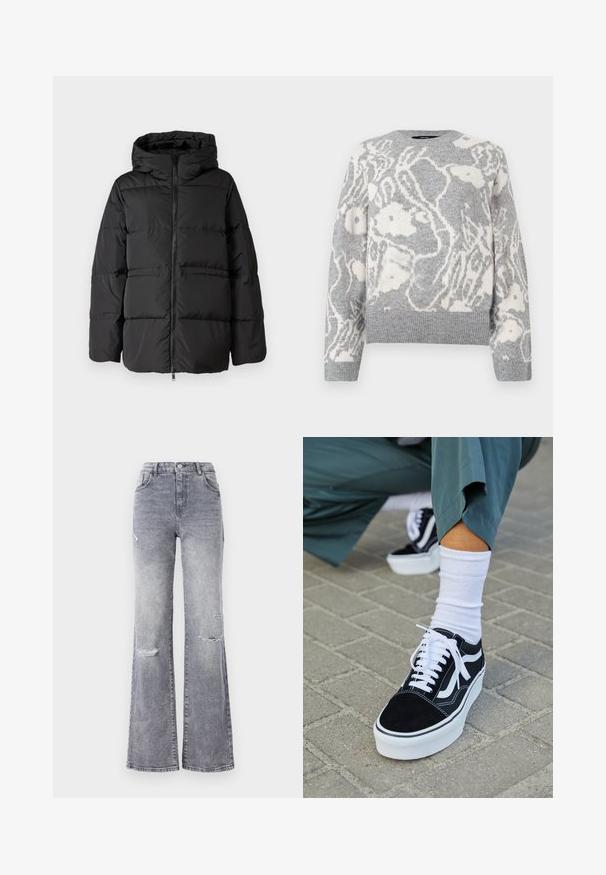 Must must jacket, mille, mille, eese varraste ja horisontaalne õmblus isolatsiooni tagamiseks. Sile tekstuur ja kastjate kuju.; Hallikas kootud sviiter, millel on valge lilleline muster, ümmargune kaelus ning ribad ja alläär, valmistatud pehmest materjalist.; Kõrge vöökohaga hallid teksased, millel on laienev jalg, ellu viidud kulumisega põlve detailid, klassikaline viie tasku disain ja tooni sobitav niit.; Mustjad sametist tennisjalanõud valgete aktsentide ja nööridega, millel on paks valge tald ja kontrastsed õmblused, koos valge sokiga.