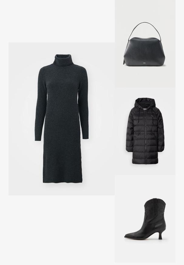 Calvin Klein Jeans Zimný kabát - black; Tmavohnedé rolákové šaty z jemného pleteného materiálu, s dlhými rukávmi a priliehavým strihom, ktorý zasahuje do polovice lýtok.; Čierna kožená cowboy topánka s špicatou špičkou, nízkym podpätkom a dekoratívnym stehom na hriadeľi a v oblasti špičky. Hladký povrch po celej ploche.; Čierna kožená kabelka s jedným remienkom a malým zlatým logom "BOSS" na prednej strane na jednoduchom svetlosivom pozadí.