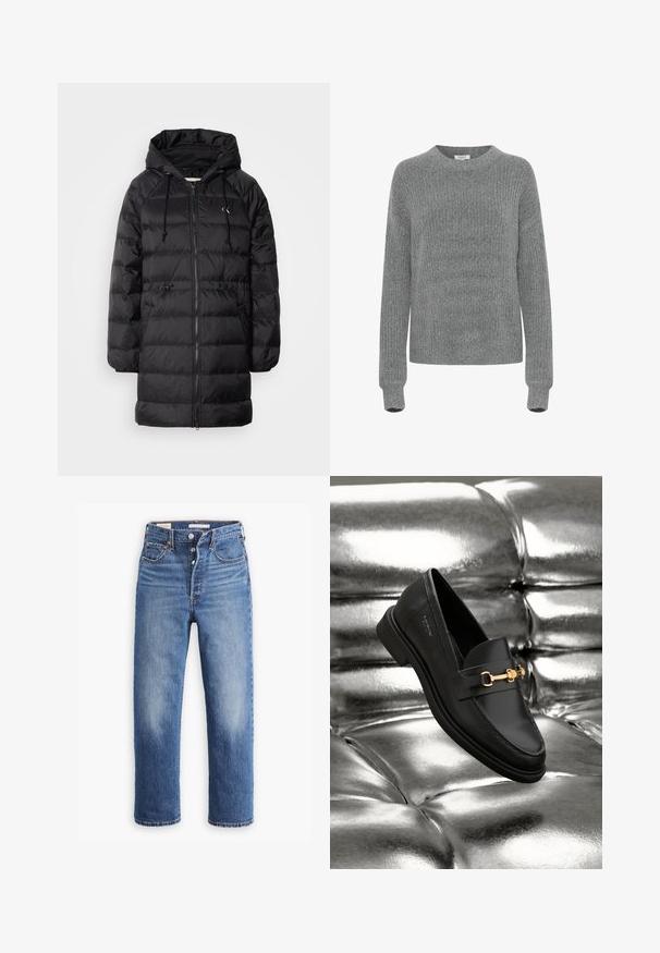 Calvin Klein Jeans Wintermantel - black; Grauer Strickpullover mit geripptem Muster, langen Ärmeln und Rundhalsausschnitt. Hat einen lockeren Schnitt und eine leicht verkürzte Silhouette.; Blaue Jeans aus Denim mit hoher Taille, geradem Beinschnitt und ausgewaschenen Stellen. Mit Fronttaschen und metalischen Verzierungen.; Schwarze Leder-Loafer mit goldfarbener Hardware. Der Schuh zeichnet sich durch ein elegantes Design und eine glatte, glänzende Oberfläche aus.