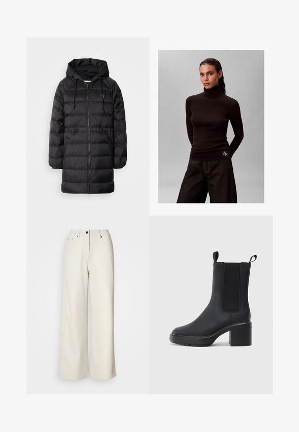 Calvin Klein Jeans Vinterfrakke - black; Kvinde med mørkt hår iført en sort ribbet rullekravesweater og mørke, vidde bukser mod en ensfarvet grå baggrund.; Cremefarvede bukser med brede ben lavet af glat stof. Har en mellemhøj talje, lynlås i gulvet og to frontlommer med sorte hardware accenter.; Sorte ankelstøvler i glat gummimateriale, med elastiske sidepaneler, blokhæle og trækskilt øverst for nem påtagning.