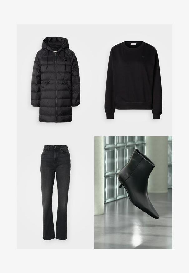 Calvin Klein Jeans Vinterfrakke - black; Sort sweatshirt lavet af blødt materiale, med rund hals, ribbede manchetter og et lille CK-logo på brystet. Simpelt, minimalistisk design.; Højtaljede sorte denim jeans med lige ben, fem-lomme design, frontlukning med knap og minimal syning.; Sort læderankelstøvle med spids tå og lav kitten-hæ, vist vinklet mod en poleret gulv- og glasblokvæg.