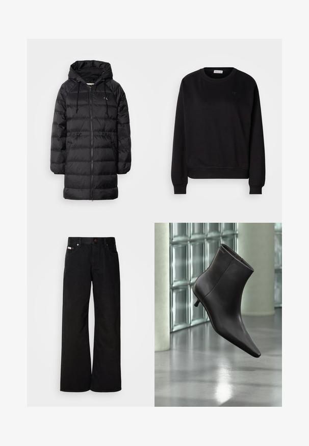 Calvin Klein Jeans Vinterfrakke - black; Sort sweatshirt lavet af blødt materiale, med rund hals, ribbede manchetter og et lille CK-logo på brystet. Simpelt, minimalistisk design.; Sorte breddebenede jeans lavet af bomuld. Har forlommer, en knaplukning og en klassisk denimtekstur. Minimalistisk design uden mønstre.; Sort læderankelstøvle med spids tå og lille hæl vist mod en væg af glasblokke og poleret gulv baggrund.