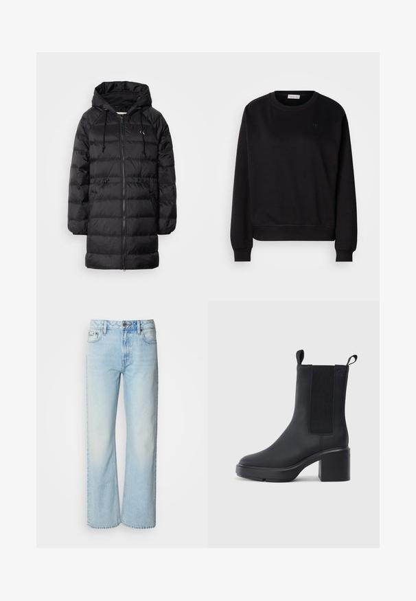 Calvin Klein Jeans Vinterfrakke - black; Sort sweatshirt lavet af blødt materiale, med rund hals, ribbede manchetter og et lille CK-logo på brystet. Simpelt, minimalistisk design.; Lyseblå brede jeans lavet af denim med et klassisk fem-lomme design og en subtil falmet tekstur. Denim-syninger er synlige.; Sorte ankelstøvler i glat gummimateriale, med elastiske sidepaneler, blokhæle og trækskilt øverst for nem påtagning.