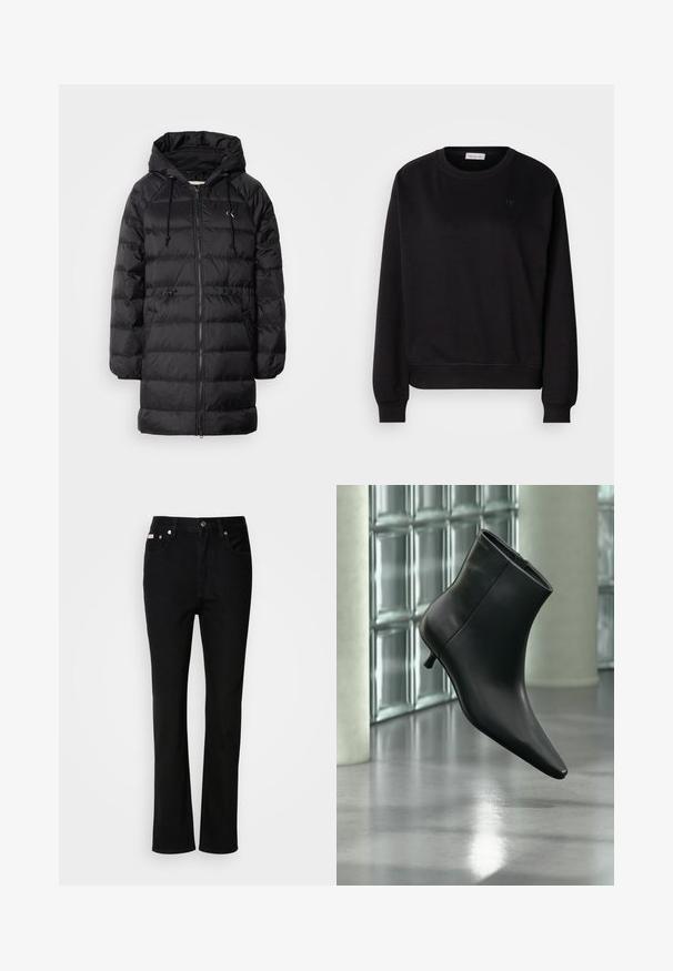 Calvin Klein Jeans Manteau d'hiver - black; Sweatshirt noir en matériau doux, avec un col rond, des poignets côtelés et un petit logo CK sur la poitrine. Design simple et minimal.; Jean noir à coupe droite, avec bouton et fermeture éclair à l'avant, passants de ceinture et cinq poches.; Bottine en cuir noir à bout pointu et petit talon kitten, présentée en angle devant un sol poli et un mur en blocs de verre.