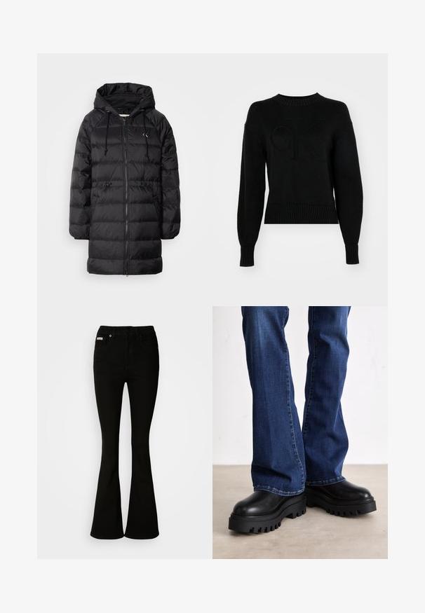 Calvin Klein Jeans Zimný kabát - black; Čierny pletený sveter s rebrovanými manžetami a spodným okrajom. Na prednej strane je reliéfne logo "CK". Hladká farba s textúrovaným povrchom.; Čierne rozšírené džínsy s priliehajúcim pásom, vyrobené z mäkkého denimu. Majú dve predné vrecká a klasické zapínanie na gombík a zips.; Masívne čierne platformové čižmy s textúrovanou gumovou podrážkou, okrúhlou špičkou a hladkým koženým zvrškom, kombinované s modrými rozšírenými džínami.