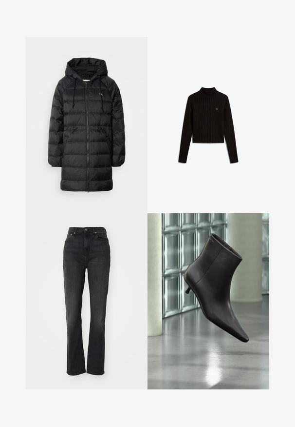 Calvin Klein Jeans Manteau d'hiver - black; Pull noir côtelé à col roulé manches longues, longueur raccourcie et petit logo Calvin Klein sur la poitrine gauche.; Jeans en denim noir taille haute avec jambes droites, design à cinq poches, fermeture à bouton à l'avant et détails de couture minimaux.; Bottine en cuir noir avec bout pointu et petit talon, présentée devant un mur en blocs de verre et un sol poli.