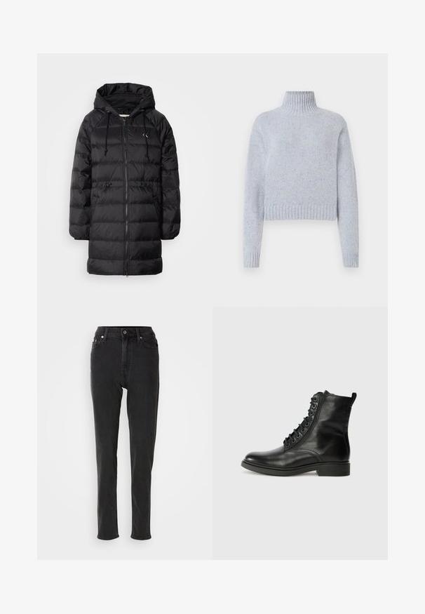 Calvin Klein Jeans Vinterfrakke - black; Lyseblå spraglet strikket turtleneck sweater med lange ærmer samt ribbede manchetter og kant, præsenteret på en hvid baggrund.; Sorte højttaljede denimjeans med smal pasform, der har knaplukning, bæltestropper og kontrastsyninger. Glat tekstur uden synlige mønstre.; Sorte læderankelstøvler med rundet tå, snørebånd foran, glat tekstur og lav hæl. Har syningsdetaljer og en trækflig.