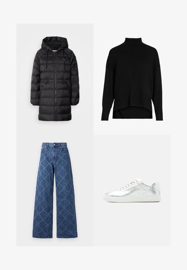 Calvin Klein Jeans Vinterfrakke - black; Sort strik cardigan med løs pasform, sænkede skuldre, ribbede manchetter og et høj-lav kantdesign. Blød tekstur, minimal detaljer.; Vide ben jeans i mørkeblå denim med diamantmønster, kontrasterende syninger og knaplukning i taljen.; Lavtskåret metallic sølv sneaker med hvid sål og snørebånd, glat tekstur og subtil præget branding på siden.