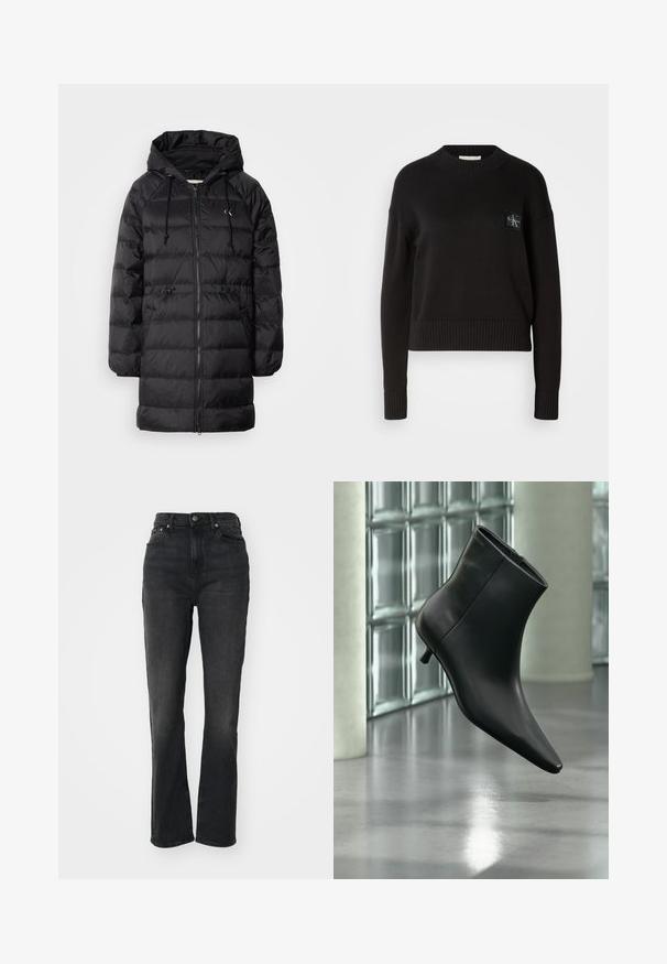 Calvin Klein Jeans Vinterfrakke - black; Sort strikket sweater med rund hals, ribbede manchetter og kant. Har et lille firkantet logo-patch på venstre bryst. Casual fit.; Højtaljede sorte denim jeans med lige ben, fem-lomme design, frontlukning med knap og minimal syning.; Sort læderankelstøvle med spids tå og lav kitten-hæ, vist vinklet mod en poleret gulv- og glasblokvæg.