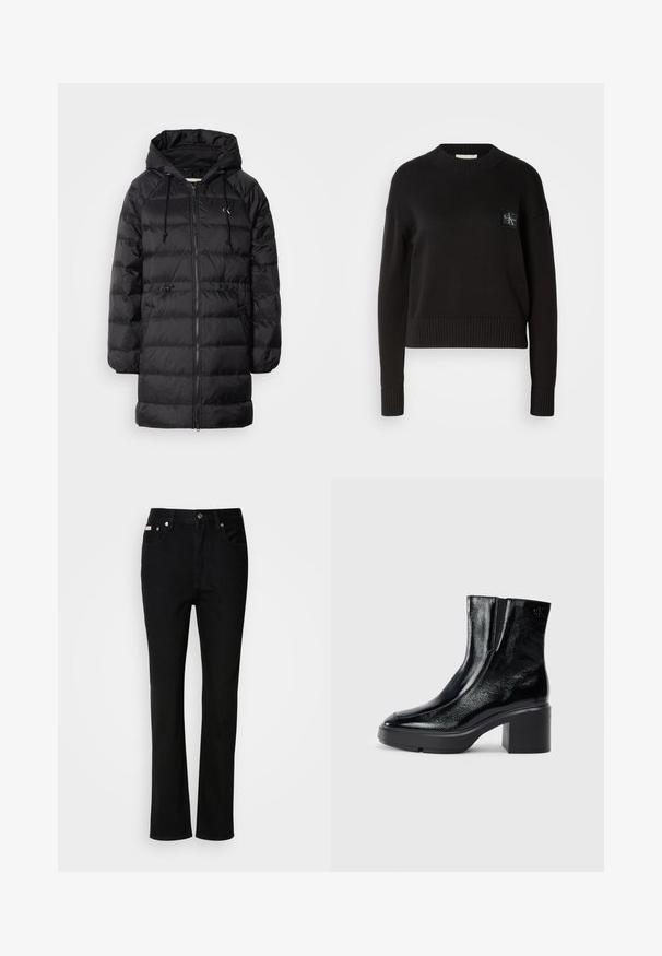 Calvin Klein Jeans Wintermantel - black; Zwart gebreid vest met een ronde hals, geribbelde mouwen en zoom. Heeft een klein vierkant logo-opdruk op de linkerborst. Casual fit.; Zwarte straight-leg jeans met knoop en rits aan de voorkant, ceintuurlussen en vijf-pocket styling.; Zwarte gepatenteerde leren enkellaarsjes met een gebogen neus, elastische zijpanelen en een chunky blokhak. Voorzien van een reliëflogo aan de achterkant.