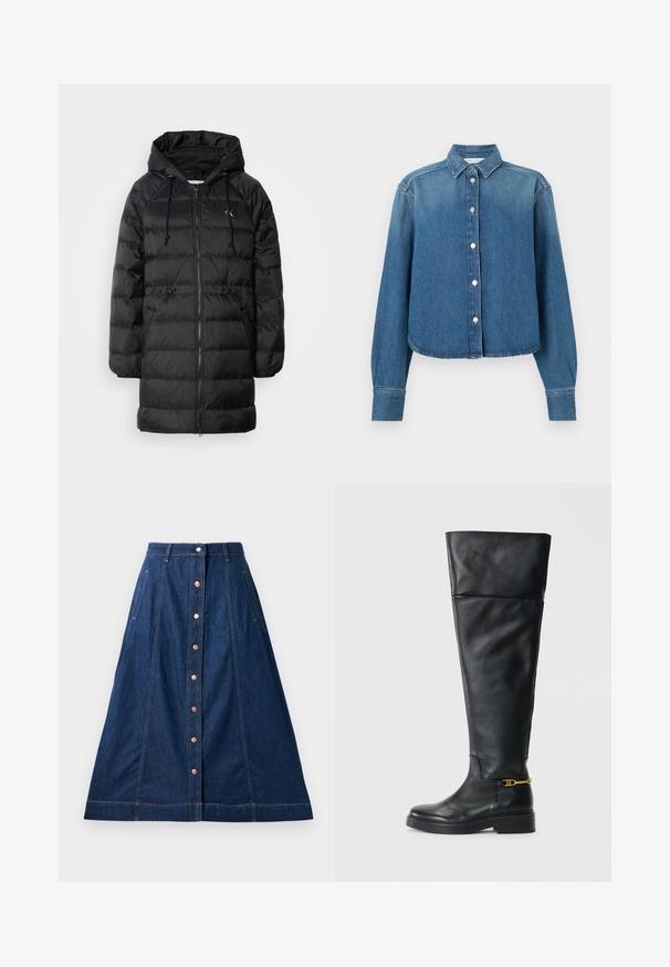 Calvin Klein Jeans Vinterfrakke - black; Blå denimskjorte med krave, lange ærmer og lukning med knapper foran. Har en kortet kant og subtil tekstur.; Mørkeblå denim A-line nederdel med knaplukning fortil, der har lommer, kontrasterende syninger og en længde til midt på læggen.; Sorte læder støvler over knæet med et strømlinet design, rund tå, lav platform sål og guldsmykker nær anklen.