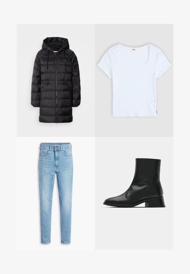 Calvin Klein Jeans Wintermantel - black; Weiße kurzärmelige Bluse mit quadratischem Ausschnitt, aus geripptem Stoff. Mit einem kleinen roten Logoschild auf der unteren linken Seite.; Levi's® RETRO HIGH SKINNY DOUBLE BUTTON - Jeans Skinny Fit - straight out of levi's�; Schwarze Ankle Boots aus glänzendem Leder, mit einem eleganten Design, spitzer Zehenpartie und einem moderaten Blockabsatz für Stabilität.