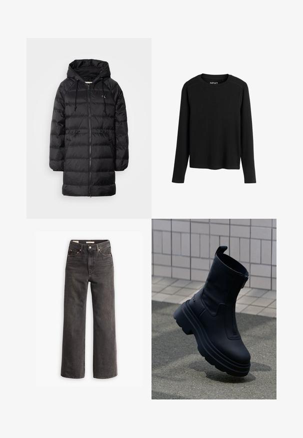 Calvin Klein Jeans Wintermantel - black; Schwarzes Langarmoberteil aus geripptem Stoff. Rundhalsausschnitt mit verstärkten Nähten an den Schultern und geradem Saum. Keine sichtbaren Muster.; Hoch taillierte, weite Jeans aus dunkelgrauem Denim mit Fronttaschen, kontrastierenden kupferfarbenen Nieten und einem schlichten, unauffälligen Finish ohne Verzierungen.; Schwarzer Knöchelstiefel aus glattem Leder mit seitlichem Reißverschluss, klobiger Sohle und Zuglasche für einfaches An- und Ausziehen. Strukturierte Sohle für besseren Halt.
