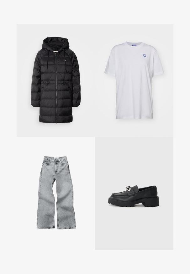 Calvin Klein Jeans Wintermantel - black; Weißes Baumwoll-T-Shirt mit kurzen Ärmeln, Rundhalsausschnitt und blauem Smileysymbol auf der linken Brust. Schlichte Stoffqualität ohne Muster.; Hellgraue Jeans aus Denim mit weitem Bein und hoher Taille, fünf Taschen und sichtbaren Nähten. Der Stoff hat eine strukturierte Oberfläche und einen geraden Schnitt.; Schwarze Leder-Loafer mit dicker, klobiger Sohle, die ein auffälliges Metallelement am Riemen und eine genähte Detailverarbeitung entlang der Kanten aufweisen.