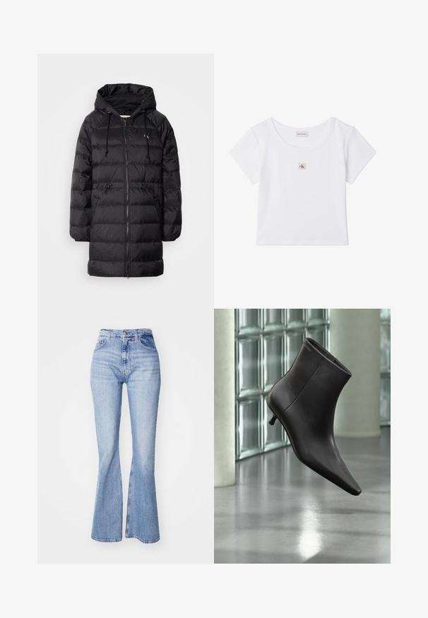 Calvin Klein Jeans Zimný kabát - black; Biely krátky crop top s krátkymi rukávmi, guľatým výstrihom a malou štvorcovou nášivkou s logom Calvin Klein Jeans v strede vpredu.; Svetlomodré zvonové džiny vyrobené z denimu, s vysokým pásom, piatimi vreckami a jemným vyblednutím pozdĺž nohavíc.; Čierna kožená členková obuv s ostrou špičkou a nízkym podpätkom, zobrazená na pozadí steny zo sklenených blokov a leštenej podlahy.