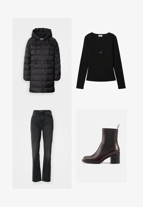 Calvin Klein Jeans Manteau d'hiver - black; Haut noir à manches longues côtelé avec encolure dégagée et petit patch logo Calvin Klein centré sur la poitrine.; Jeans en denim noir taille haute avec jambes droites, design à cinq poches, fermeture à bouton à l'avant et détails de couture minimaux.; Bottes de cheville en cuir marron avec des panneaux élastiques sur les côtés, bout arrondi et talon bloc. Texture lisse et détails de couture subtils.