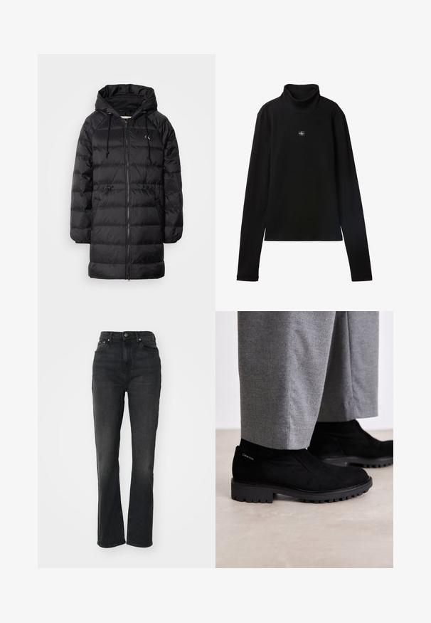 Calvin Klein Jeans Vinterfrakke - black; Sort ribstrikket bluse med lange ærmer og lille firkantet Calvin Klein-logo placeret centralt på brystet.; Højtaljede sorte denim jeans med lige ben, fem-lomme design, frontlukning med knap og minimal syning.; Sorte suede ankelstøvler med gummisål, der har et elastisk sidepanel og et logo akcent på hælen. Parret med grå bukser.