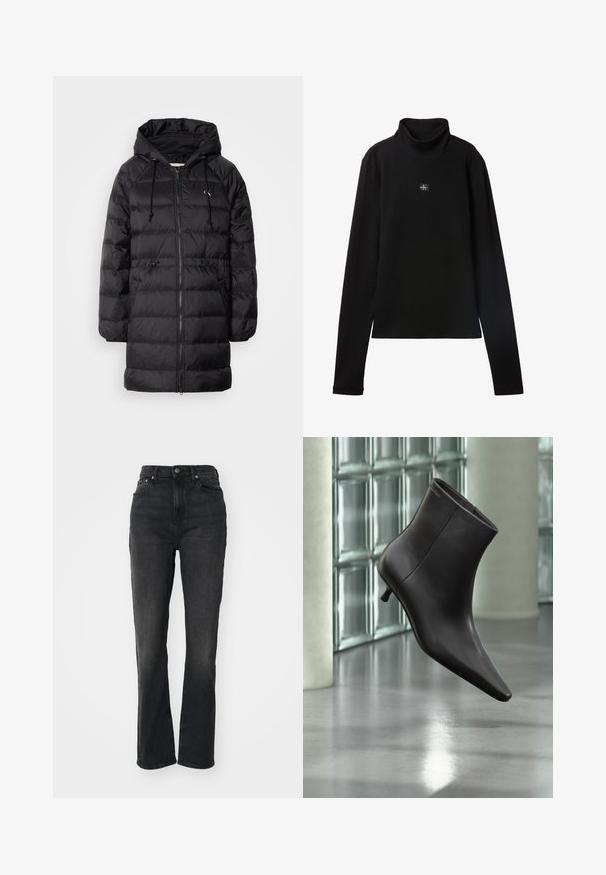 Calvin Klein Jeans Zimný kabát - black; Čierny rebrovaný top s dlhým rukávom a rolákom s malou štvorcovou nášivkou s logom Calvin Klein uprostred na hrudi.; Čierne džínsy so zvýšeným pásom, rovné nohavice, dizajn s piatimi vreckami, zapínanie na predný gombík a minimálne švy.; Čierna kožená členková obuv s ostrou špičkou a nízkym podpätkom, zobrazená na pozadí steny zo sklenených blokov a leštenej podlahy.