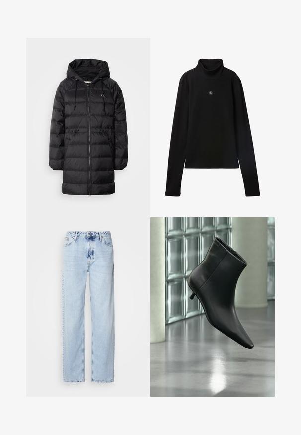 Calvin Klein Jeans Zimný kabát - black; Čierny rebrovaný top s dlhým rukávom a rolákom s malou štvorcovou nášivkou s logom Calvin Klein uprostred na hrudi.; Svetlomodré široké džínsy vyrobené z denimu, s vysokým pásom, vyblednutým umývaním a jemným vzorom batikovania na prednej strane.; Čierna kožená členková čižma so špicatou špičkou a nízkym kitten podpätkom, zobrazená šikmo na pozadí leštenej podlahy a steny zo sklenených blokov.