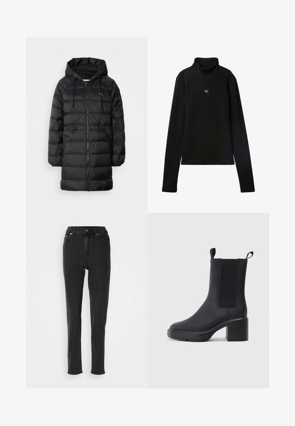 Calvin Klein Jeans Zimný kabát - black; Čierny rebrovaný top s dlhým rukávom a rolákom s malou štvorcovou nášivkou s logom Calvin Klein uprostred na hrudi.; Čierne rifle s vysokým pásom a úzkym strihom, vybavené zapínaním na gombíky, pútkami na opasok a kontrastným prešívaním. Hladká textúra, bez viditeľných vzorov.; Čierne členkové topánky z hladkého gumového materiálu, s elastickými bočnými panelmi, blokovým podpätkom a sťahovacími pútkami na vrchu pre jednoduché obúvanie.