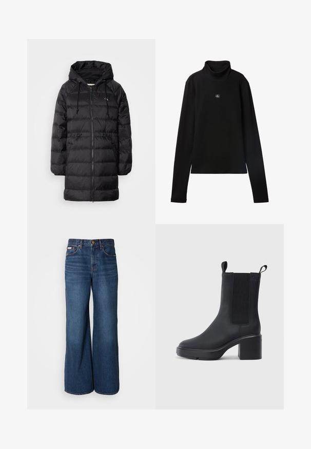 Calvin Klein Jeans Zimný kabát - black; Čierny rebrovaný top s dlhým rukávom a rolákom s malou štvorcovou nášivkou s logom Calvin Klein uprostred na hrudi.; Džíny s širokými nohavicami vyrobené z tmavomodrého denim. Vlastnosti zahŕňajú vysoký pás, päť vreciek a kontrastné oranžové švy pozdĺž švov.; Čierne členkové topánky z hladkého gumového materiálu, s elastickými bočnými panelmi, blokovým podpätkom a sťahovacími pútkami na vrchu pre jednoduché obúvanie.
