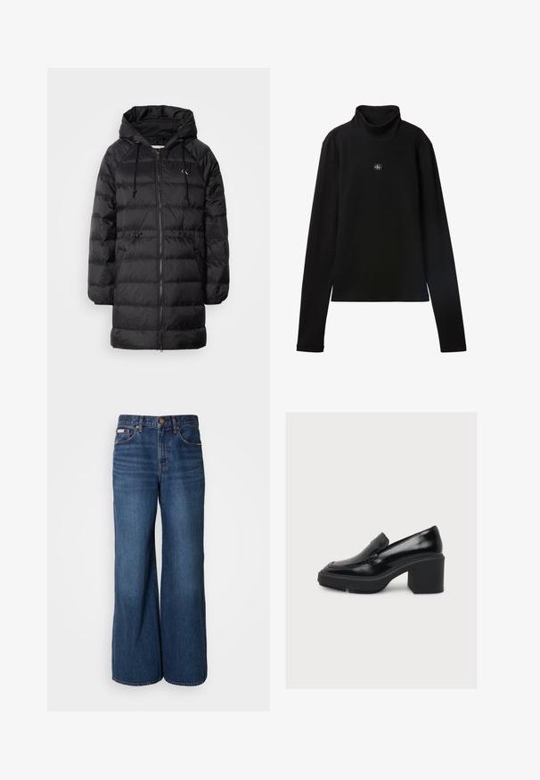 Calvin Klein Jeans Zimný kabát - black; Čierny rebrovaný top s dlhým rukávom a rolákom s malou štvorcovou nášivkou s logom Calvin Klein uprostred na hrudi.; Džíny s širokými nohavicami vyrobené z tmavomodrého denim. Vlastnosti zahŕňajú vysoký pás, päť vreciek a kontrastné oranžové švy pozdĺž švov.; Čierny kožený loafer s masívnym vysokým opätkom a platformovou podrážkou, zobrazený z profilu na jednoduchom bielom pozadí.