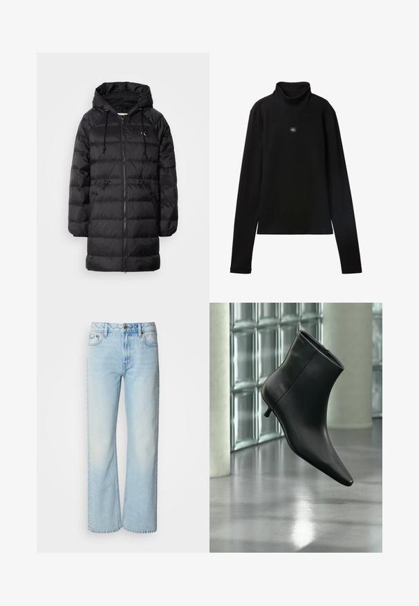 Calvin Klein Jeans Vinterfrakke - black; Sort ribstrikket bluse med lange ærmer og lille firkantet Calvin Klein-logo placeret centralt på brystet.; Lyseblå brede jeans lavet af denim med et klassisk fem-lomme design og en subtil falmet tekstur. Denim-syninger er synlige.; Sort læderankelstøvle med spids tå og lav kitten-hæ, vist vinklet mod en poleret gulv- og glasblokvæg.