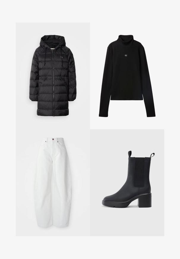 Calvin Klein Jeans Vinterfrakke - black; Sort ribstrikket bluse med lange ærmer og lille firkantet Calvin Klein-logo placeret centralt på brystet.; Højtaljede hvide denimbukser med løs pasform. Har en knaplukning, sidelommer og et minimalistisk design. Glat tekstur.; Sorte ankelstøvler i glat gummimateriale, med elastiske sidepaneler, blokhæle og trækskilt øverst for nem påtagning.