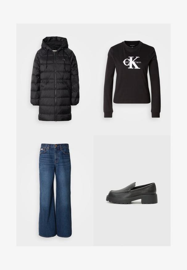 Calvin Klein Jeans Vinterfrakke - black; Sort langærmet T-shirt lavet af bomuld. Har et hvidt "Calvin Klein" logo og et lille "CK" design på forsiden. Klassisk crew neck-stil.; Bredde jeans lavet af mørkeblåt denim. Funktioner inkluderer en høj talje, fem lommer og kontrasterende orange syninger langs sømmene.; Sorte læder loafers med rund tå, tyk tekstureret sål og minimale syninger. Elegant design uden synlige snørebånd eller hardware.