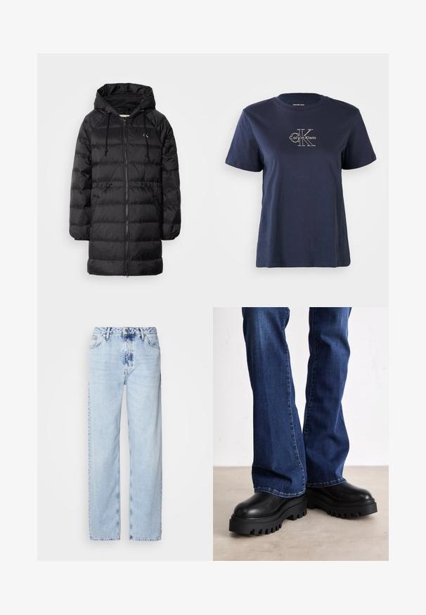 Calvin Klein Jeans Zimný kabát - black; Námornícky modré bavlnené tričko s krátkymi rukávmi, s malým bielym logom "Calvin Klein" v strede prednej časti. Krúžkový výstrih, voľný strih.; Svetlomodré široké džínsy vyrobené z denimu, s vysokým pásom, vyblednutým umývaním a jemným vzorom batikovania na prednej strane.; Masívne čierne platformové čižmy s textúrovanou gumovou podrážkou, okrúhlou špičkou a hladkým koženým zvrškom, kombinované s modrými rozšírenými džínami.