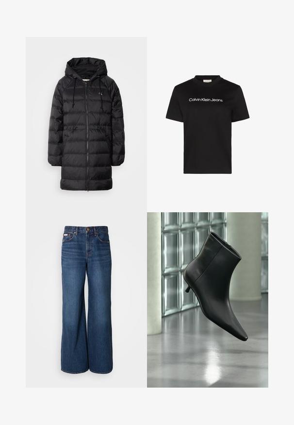 Calvin Klein Jeans Zimný kabát - black; Čierne bavlnené tričko s okrúhlym výstrihom a krátkymi rukávmi, s nápisom "Calvin Klein Jeans" v bielej farbe na hrudi.; Džíny s širokými nohavicami vyrobené z tmavomodrého denim. Vlastnosti zahŕňajú vysoký pás, päť vreciek a kontrastné oranžové švy pozdĺž švov.; Čierna kožená členková čižma so špicatou špičkou a nízkym kitten podpätkom, zobrazená šikmo na pozadí leštenej podlahy a steny zo sklenených blokov.