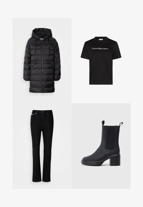 Calvin Klein Jeans Zimný kabát - black; Čierne bavlnené tričko s okrúhlym výstrihom a krátkymi rukávmi, s nápisom "Calvin Klein Jeans" v bielej farbe na hrudi.; Čierne džínsy s rovnými nohavicami, s predným gombíkom a zipsom, pútka na opasok a s piatimi vreckami.; Čierne členkové topánky z hladkého gumového materiálu, s elastickými bočnými panelmi, blokovým podpätkom a sťahovacími pútkami na vrchu pre jednoduché obúvanie.