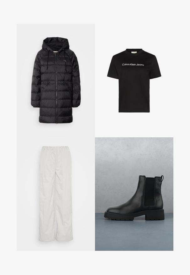 Calvin Klein Jeans Zimný kabát - black; Čierne bavlnené tričko s okrúhlym výstrihom a krátkymi rukávmi, s nápisom "Calvin Klein Jeans" v bielej farbe na hrudi.; Svetlošedé nohavice s elastickým pásom, širokým strihom a hladkou textúrou. Bez viditeľných vzorov alebo kovových detailov.; Čierne kožené Chelsea čižmy s elastickými bočnými panelmi, textúrovaným povrchom a robustnou podrážkou, umiestnené nad hnedými drevenými dlaždicami s kamienkami.