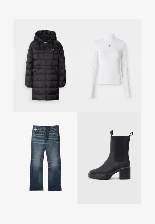Calvin Klein Jeans Manteau d'hiver - black; Top à col roulé blanc à manches longues en matière côtelée. Présente un petit logo brodé au centre. Design ajusté sans motifs.; Jean en denim bleu foncé avec une coupe décontractée, jambes larges et légère décoloration. Comprend un design standard à cinq poches et des passants pour ceinture.; Bottines noires avec un matériau en caoutchouc lisse, des panneaux latéraux élastiques, un talon carré et des tirettes en haut pour un enfilage facile.
