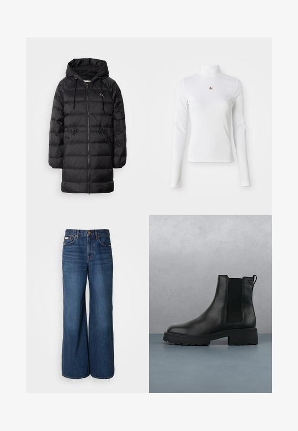 Calvin Klein Jeans Vinterfrakke - black; Langærmet, hvid turtleneck-top lavet af ribbet materiale. Har et lille broderet logo i midten. Tæt pasform uden mønstre.; Bredde jeans lavet af mørkeblåt denim. Funktioner inkluderer en høj talje, fem lommer og kontrasterende orange syninger langs sømmene.; Sort læder Chelsea-boot med elastiske sidepaneler, tekstureret finish og en robust sål, placeret over brune træfliser med småsten.