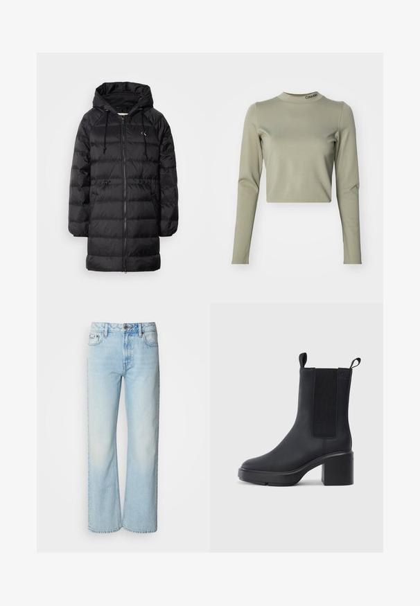 Calvin Klein Jeans Wintermantel - black; Korte mouwen top in licht olijfgroen, gemaakt van gladde stretchstof, met een hoge hals en een Calvin Klein-logo op de kraag.; Lichtblauwe wijde jeans van denim, voorzien van een klassiek vijf-pocket ontwerp en een subtiele vervaagde textuur. Denimstiksels zijn zichtbaar.; Zwarte enkellaars met een gladde rubberen materiaal, elastische zijkanten, blokhak en instaplipjes aan de bovenkant voor makkelijk aan- en uittrekken.