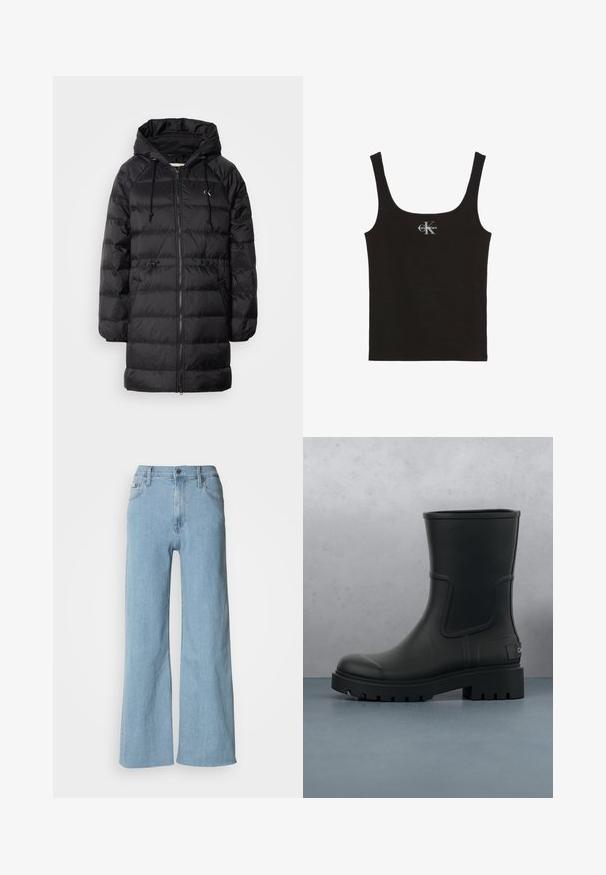 Calvin Klein Jeans Vinterfrakke - black; Sort bomulds tanktop med rund halsudskæring og brede skulderstropper. Har et lille trykt "Calvin Klein"-logo på forsiden.; Lyseblå vidde jeans lavet af denim, med en tætsiddende talje, fem-lomme design og subtile syningsdetaljer.; Sort mat læder ankelstøvle med tyk klodset sål, svævende over træfliser og små grå sten udendørs.