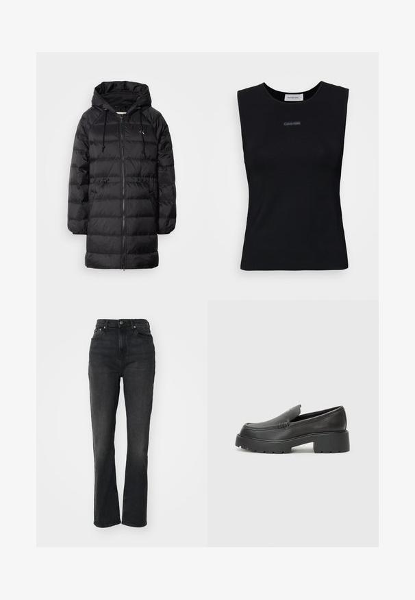 Calvin Klein Jeans Vinterfrakke - black; Sort ærmeløs top lavet af glat stof. Har en rund halsudskæring og et lille Calvin Klein-logo i midten. Simpelt og tætsiddende design.; Højtaljede sorte denim jeans med lige ben, fem-lomme design, frontlukning med knap og minimal syning.; Sorte læder loafers med rund tå, tyk tekstureret sål og minimale syninger. Elegant design uden synlige snørebånd eller hardware.
