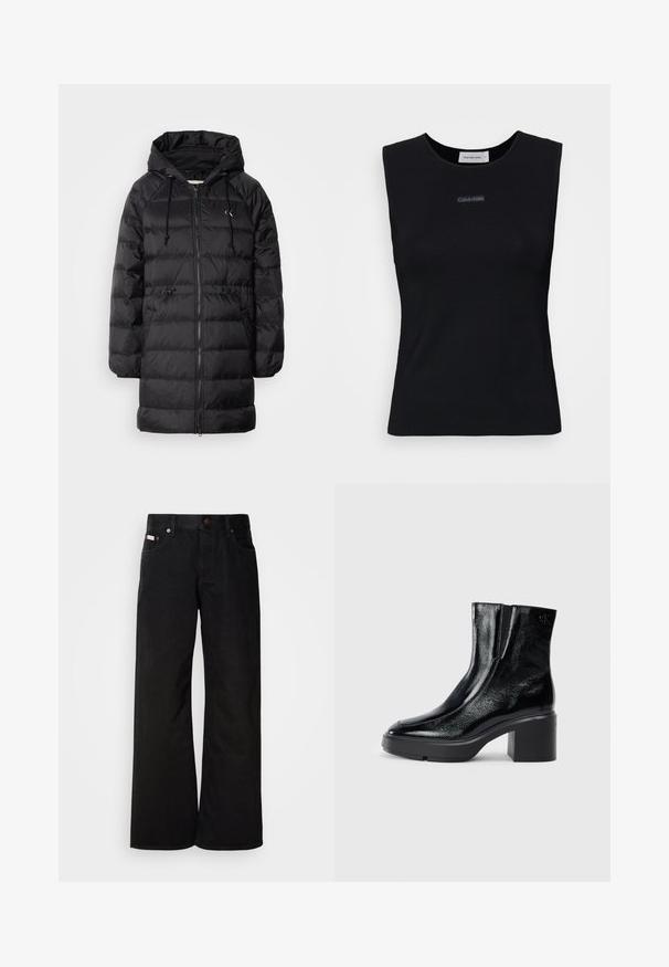 Calvin Klein Jeans Vinterfrakke - black; Sort ærmeløs top lavet af glat stof. Har en rund halsudskæring og et lille Calvin Klein-logo i midten. Simpelt og tætsiddende design.; Sorte breddebenede jeans lavet af bomuld. Har forlommer, en knaplukning og en klassisk denimtekstur. Minimalistisk design uden mønstre.; Sorte patenterede læderankelstøvler med en buet tå, elastiske sidepaneler og en kraftig blokhæl. Har et præget logo på bagsiden.