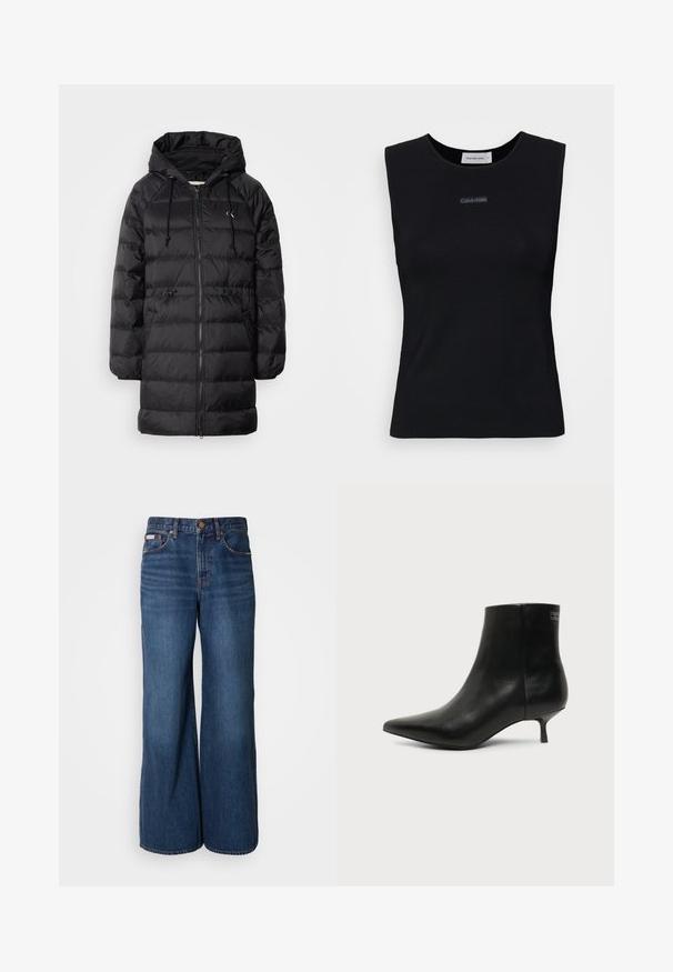 Calvin Klein Jeans Zimný kabát - black; Čierny bezrukávový top vyrobený z hladkej látky. Má okrúhly výstrih a malé logo Calvin Klein na strede. Jednoduchý a priliehavý dizajn.; Džíny s širokými nohavicami vyrobené z tmavomodrého denim. Vlastnosti zahŕňajú vysoký pás, päť vreciek a kontrastné oranžové švy pozdĺž švov.; Čierna kožená členková šnúrovacia obuv s ostrou špičkou a nízkym kitten podpätkom na svetlom pozadí, pohľad z vonkajšej strany.