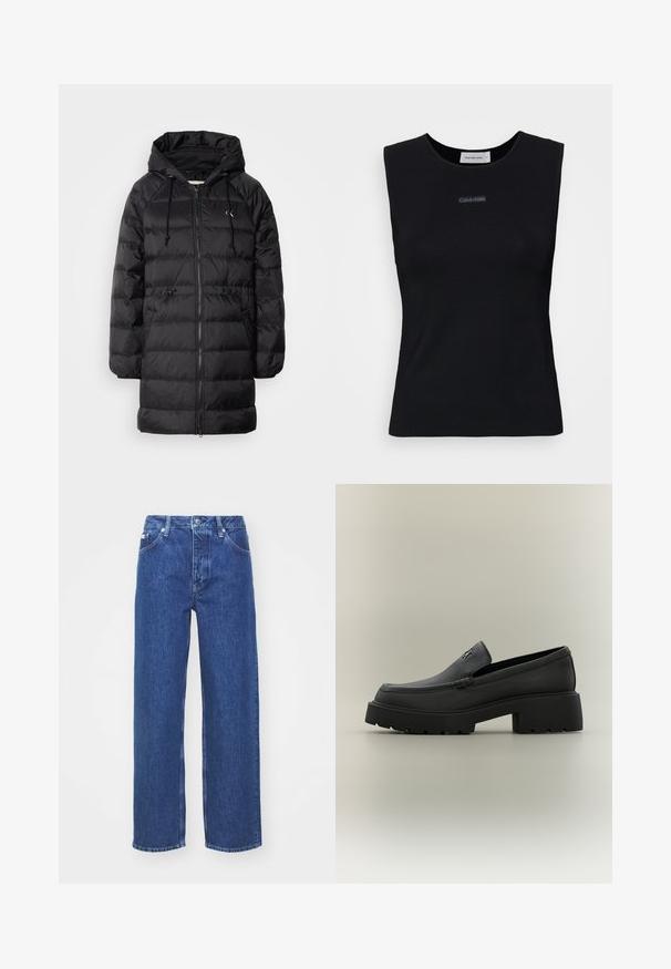 Calvin Klein Jeans Vinterfrakke - black; Sort ærmeløs top lavet af glat stof. Har en rund halsudskæring og et lille Calvin Klein-logo i midten. Simpelt og tætsiddende design.; Blå denim bred-benede jeans med høj talje, med lynlås og knaplukning, bæltestropper og subtilt falmet detaljer på stoffet.; Sort læderloafer med kraftig sål, blokhæl og lille metallisk logo på overdelen, vist i profil mod en neutral baggrund.