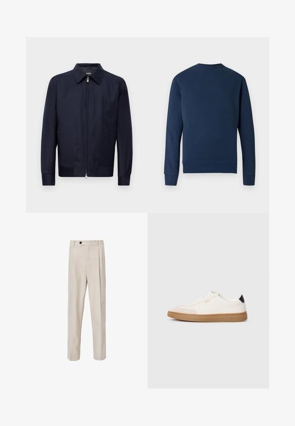 Marineblauwe ritssluitingjack met een kraag, lange mouwen en twee voorzakken, weergegeven tegen een effen witte achtergrond.; Donkerblauwe sweatshirt met een ronde hals, geribbelde manchetten en zoom. Voorzien van een subtiel logo op de borst in een bijpassende kleur. Glad stoffen textuur.; Beige op maat gemaakte broek met een recht model, voorzien van voorplooien, een knoopsluiting en een gladde stofstructuur.; Witte sneakers met beige accenten, bovenwerk van glad leer, ronde neus en rubberen gumzool, met een zwarte hieltab en subtiele branding.