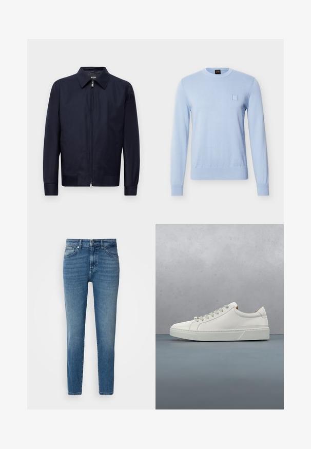 Mørkeblå lynlåsjakke med krave, lange ærmer og to forreste lommer, præsenteret mod en enkel hvid baggrund.; Lyseblå, langærmet striksweater med rund hals, ribbet manchetter og kant samt et lille broderet firkantet detaljer på venstre bryst.; Lysblå denimjeans med lige pasform, traditionelt fem-lomme-design, metalknaplukning og diskret slid på fronten.; Hvid lædersneaker med rund tå, minimalistisk design, grå snørebånd og en tekstureret grå gummisål. Subtile syningsdetaljer er synlige.
