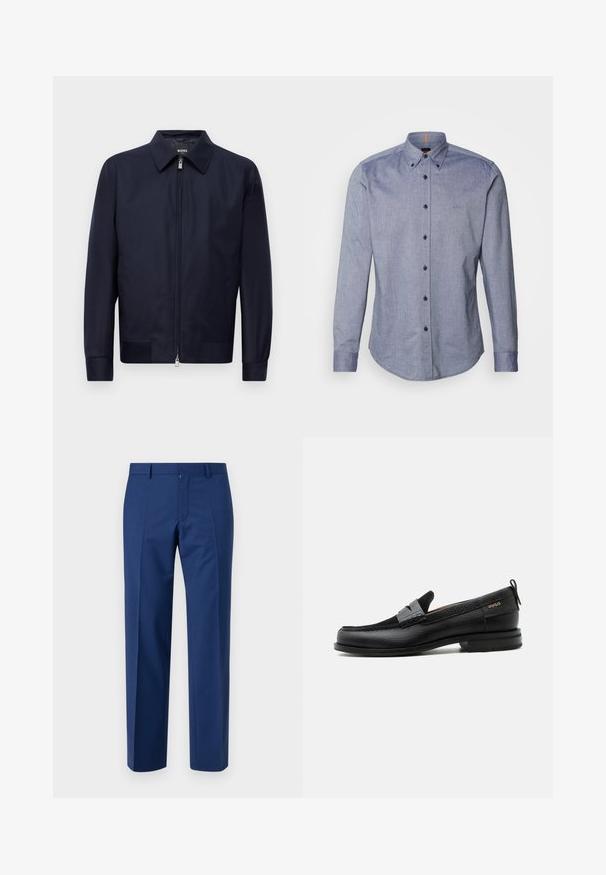 Námornícky modrá zip-up bunda s golierom, dlhými rukávmi a dvoma prednými vreckami, vystavená na jednofarebnom bielom pozadí.; Modrá košeľa s button-up zapínaním z ľahkého materiálu. Má rozšírený golier, dlhé rukávy a malé logo na hrudi. Zapínanie na prednej strane na gombíky.; Námornícke modré nohavice so strihom rovného nohavca, s plochým predným dielom, jemnou textúrou, pútkami na opasok a zapínaním na zips.; Čierny kožený mokasín so sivým remienkom, nízkym podpätkom a textúrovanou podrážkou, so značkou "HUGO" v zlatej farbe na boku.