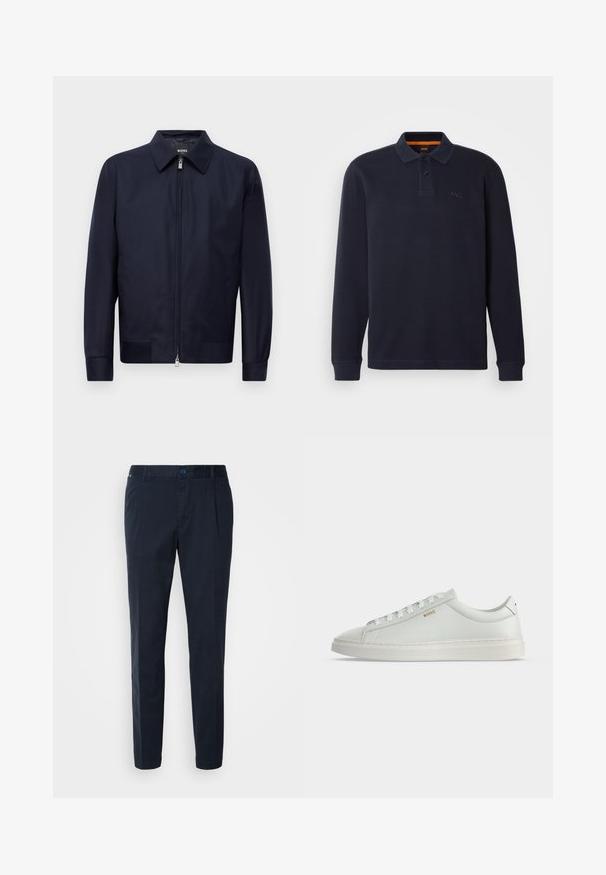 Marineblauwe ritssluitingjack met een kraag, lange mouwen en twee voorzakken, weergegeven tegen een effen witte achtergrond.; Marineblauwe longsleeve polo-shirt van gestructureerde stof met een knoopsluiting bij de hals. Bevat een klein geborduurd logo op de borst.; Navyblauwe broek van een katoenmix, met een rechte snit, plooien aan de voorkant en een knoopsluiting in de taille. Gladde textuur, geen patronen.; Witte lage leren sneaker met veters, platte zool en klein gouden "BOSS" logo aan de zijkant, gezien vanaf de buitenkant.