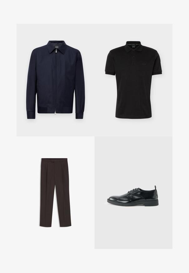 Marineblauwe ritssluitingjack met een kraag, lange mouwen en twee voorzakken, weergegeven tegen een effen witte achtergrond.; Zwarte korte mouw polo met kraag en tweeknopssluiting, met subtiel BOSS-logo op de borst, afgebeeld tegen een effen achtergrond.; Donkerbruine op maat gemaakte broek met riemlussen, voorplooien en een rechte pijp, plat liggend op een witte achtergrond weergegeven.; Glanzende zwarte lederen nette schoen met lage hak, vetersluiting en ronde neus, van opzij getoond tegen een effen lichte achtergrond.