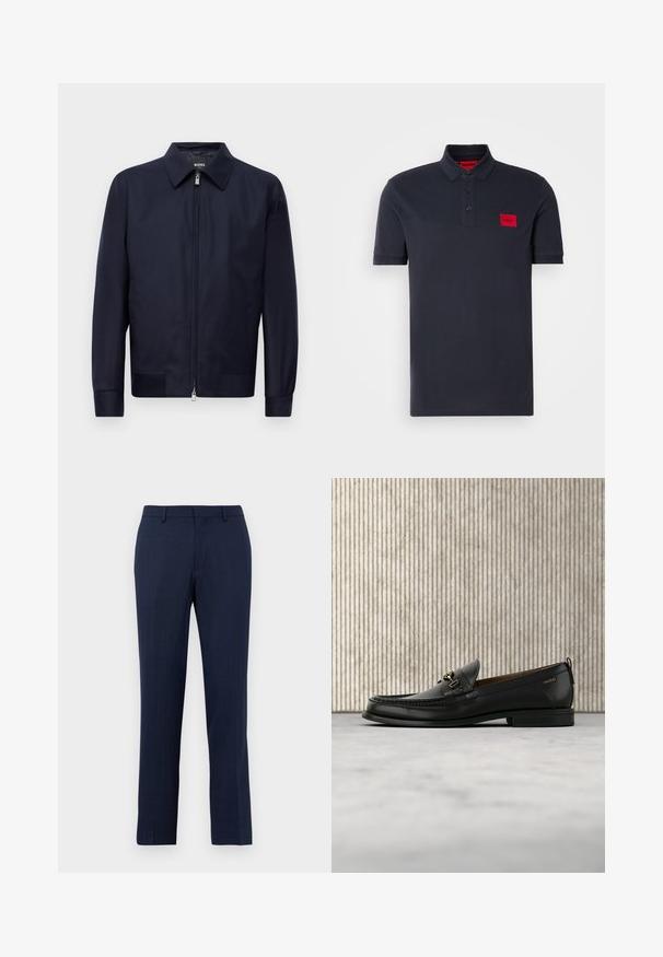 Mørkeblå lynlåsjakke med krave, lange ærmer og to forreste lommer, præsenteret mod en enkel hvid baggrund.; Marineblå polo t-shirt lavet af bomuld, med en knaplukning i tre knapper, ribbet krave og manchetter, samt et rødt logo patch på venstre bryst.; Mørkeblå skræddersyede bukser med bæltesløjfer, lynlås foran og lige benpasform mod en ensfarvet hvid baggrund.; Sort læderloafers med guldfarvet metaldekoration og "HUGO" branding, vist mod en beige tæppe og brunt gennemsigtigt møbel.