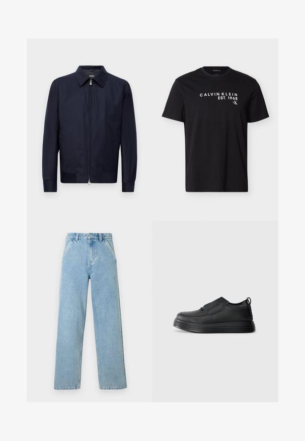 Marineblauwe ritssluitingjack met een kraag, lange mouwen en twee voorzakken, weergegeven tegen een effen witte achtergrond.; Zwart T-shirt met korte mouwen en witte tekst "CALVIN KLEIN EST. 1968" en een klein "cK" logo op de borst.; Lichtblauwe denim spijkerbroek met rechte pijpen, voorzakken, ceintuurlussen, knoopsluiting en zichtbare naaddetails op een witte achtergrond.; Zwarte leren instapschoen met een gestructureerd oppervlak, dikke ribbelzool en een lipje aan de hak, weergegeven in zijaanzicht op een witte achtergrond.
