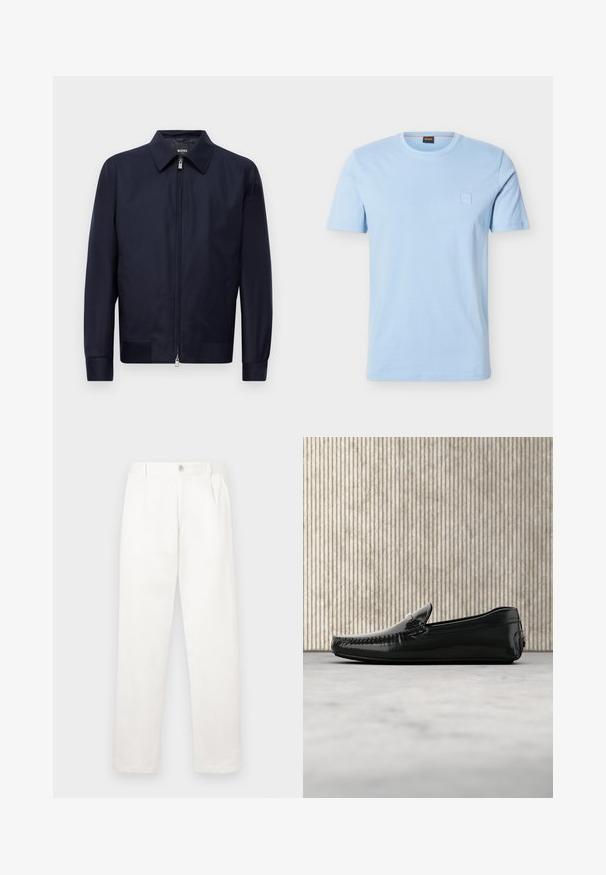 Dunkelblaue Zip-Jacke mit Kragen, langen Ärmeln und zwei vorderen Taschen, vor einem schlichten weißen Hintergrund präsentiert.; Hellblaues T-Shirt mit kurzen Ärmeln und Rundhalsausschnitt, mit einem kleinen, geprägten quadratischen Logo auf der linken Brustseite und einem gebrandeten Nackenetikett.; Weiße Hose aus glattem Gewebe, mit geradem Bein, Vorderfalten und einem einzelnen Knopfverschluss an der Taille.; Schwarze Lederloafers mit glänzender Oberfläche, runder Zehenpartie und dekorativem Metallbesatz an der Front. Flache Gummisohle. Glatte Textur.